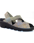 Bronze and Pewter woven slingback sandal with black wedge outsole.