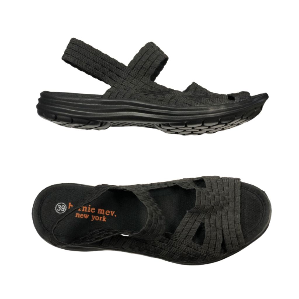 Top and side view showing the Liv sandal in black by Bernie Mev with a black  footbed and rubber outsole, black stretch woven uppers with 3 straps across foot and two at the ankle