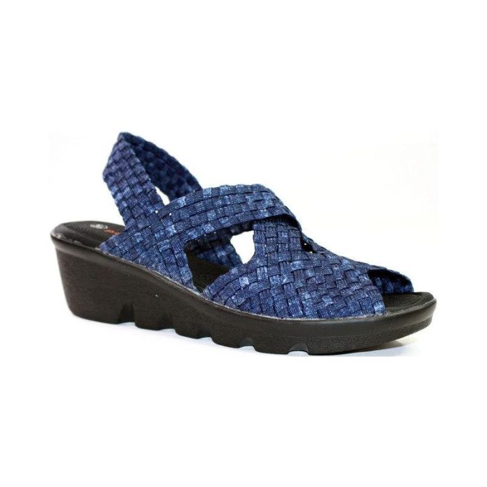 A blue jean Bernie Mev Lihi Brighten sandal with woven elastic upper, a heel strap, an open toe and a black wedge outsole.