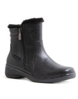 Black leather winter boot that reaches slightly above the ankle. Zippers on the inside and outside fitted with silver hardware.