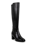 Tall black leather boot with square toe and block heel.