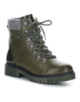 Axel ankle boot in olive. Dark green leather upper, lace closure, a grey felt cuff, and a green outsole.