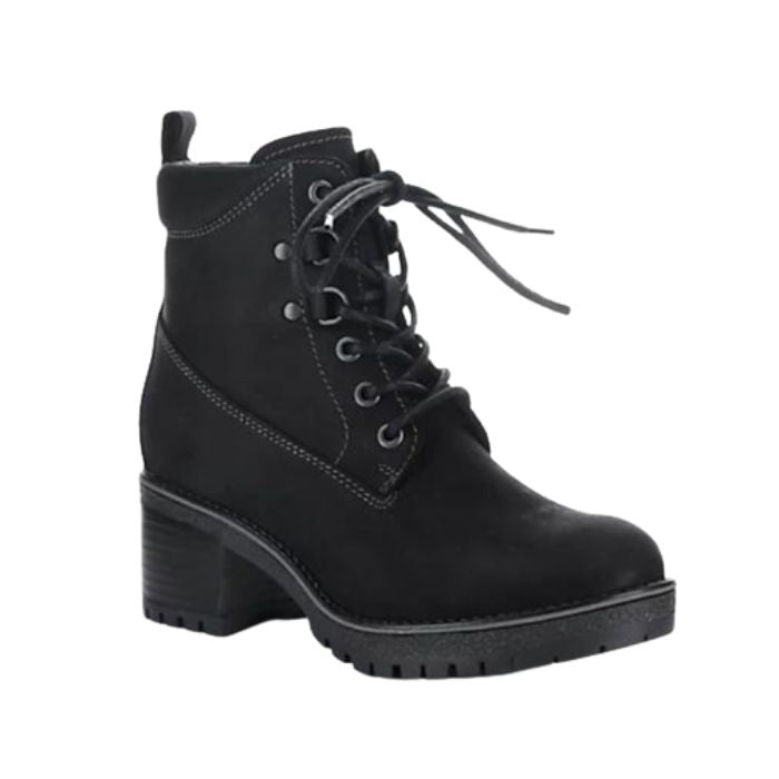 Black ankle boot with nubuck upper, lace closure, and black outsole with 2.5 inch block heel.