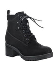 Black ankle boot with nubuck upper, lace closure, and black outsole with 2.5 inch block heel.