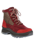 Red lace up ankle boots with red suede and bronze nylon accents, featuring a sculptured grey rubber outsole.