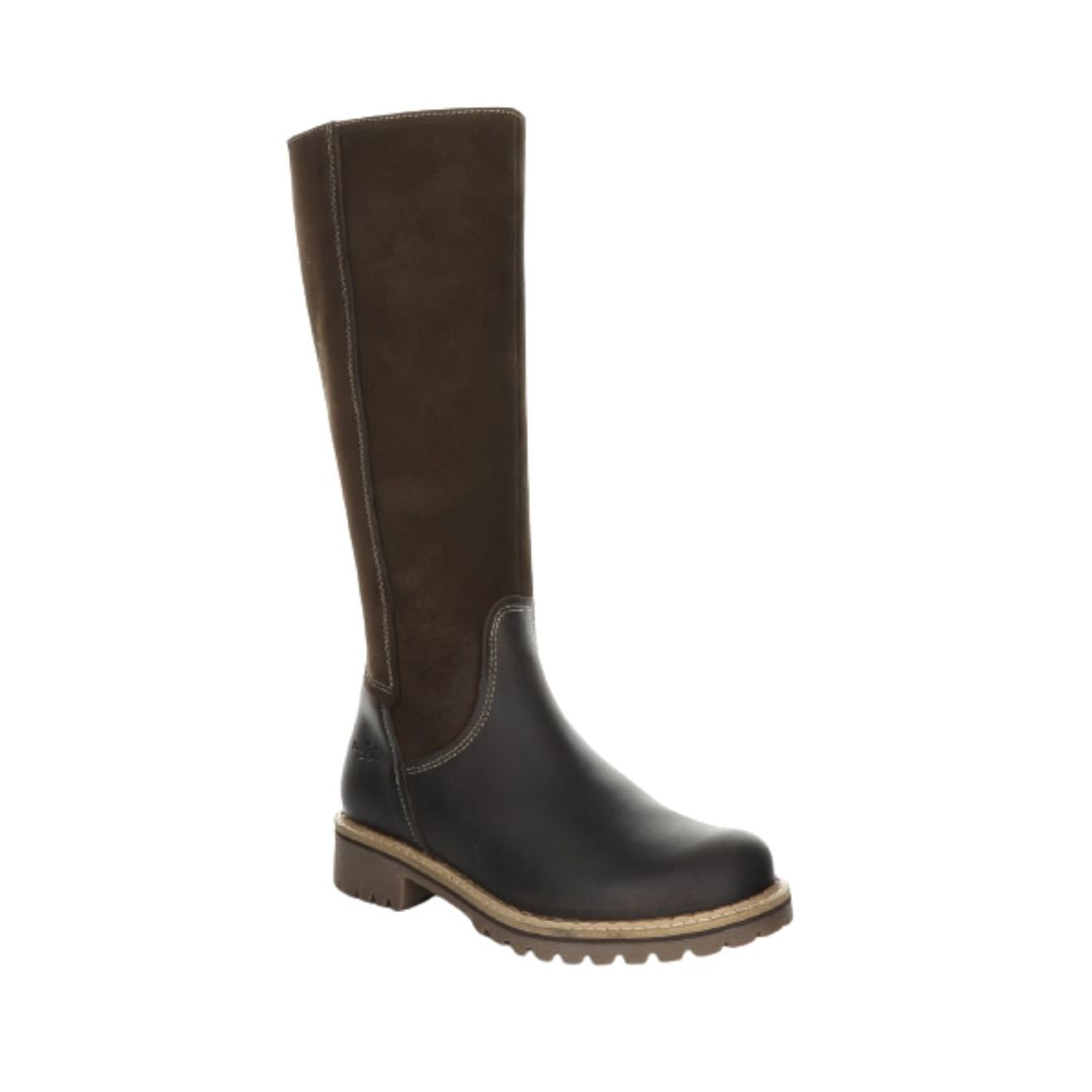 Women's Bos&Co Hudson Tall Boot in brown and black leather, waterproof winter boot with rugged sole for cold weather wear.