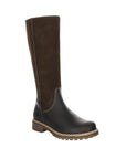Women's Bos&Co Hudson Tall Boot in brown and black leather, waterproof winter boot with rugged sole for cold weather wear.