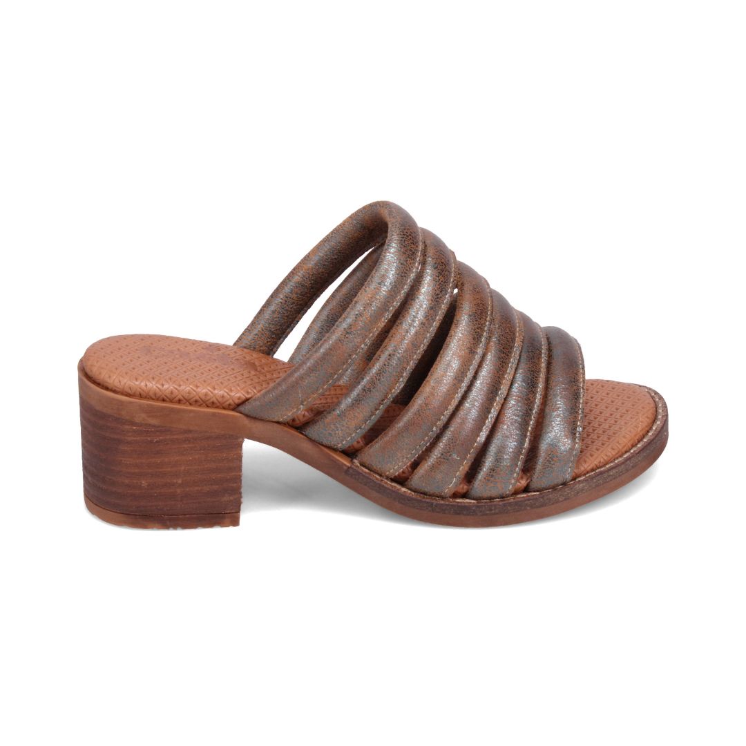 Slide sandal with 2 inch block heel. Upper is constructed of six straps of bronze leather, and the footbed is brown leather.