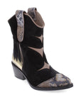 Mid-height black suede ankle boot with snakeprint and metallic accents