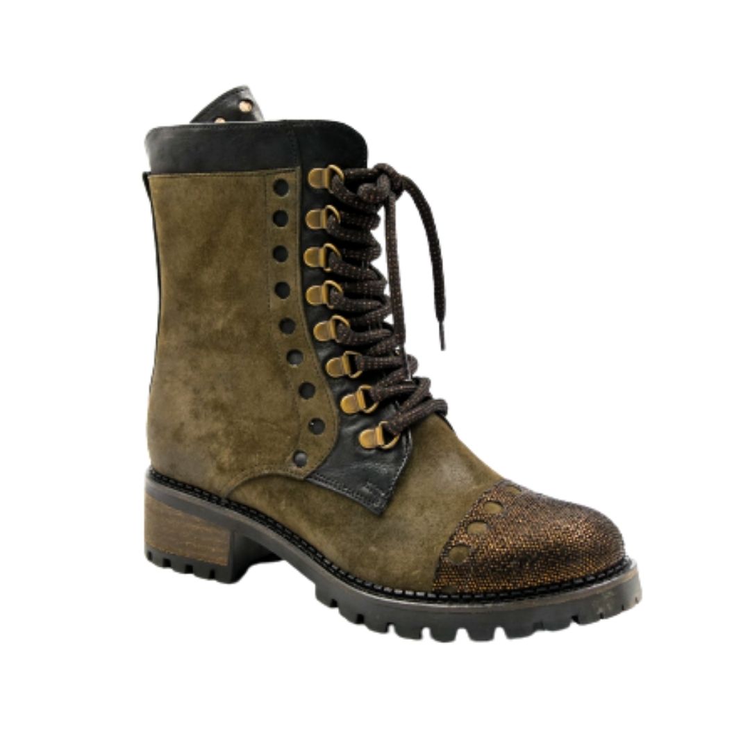Green suede combat boots with black gold toe cap, bronze eyelets, and black leather accents.