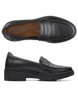 Pair of black leather loafers with black platform outsoles. Clarks logo printed on brown insole.