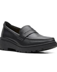 Black leather loafer with black platform outsole.
