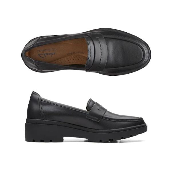 Top and side view of black leather loafer with black platform outsole. Clarks logo printed on brown insole.