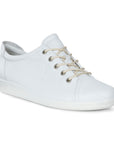 An all white leather sneaker with pewter eyelets, and off-white laces. Ecco logo is embossed on the side.