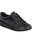 An all black leather sneaker with black eyelets, and black laces. Ecco logo is embossed on the side.