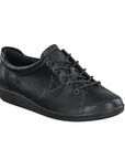 Black leather sneaker with black laces.