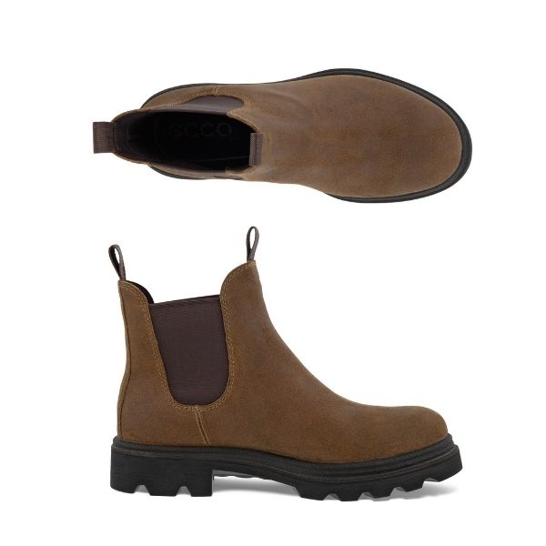Top and side view of brown nubuck leather Chelsea boot with pull tabs, elastic side goring and lugged outsole