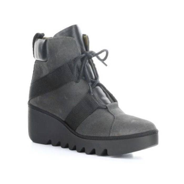 Wedge bootie with a grey suede upper with black leather accents, an adjustable lace closure. The lugged platform outsole is black.
