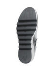 Bottom sole of Women's FLY London Byne Wedge Boot with bold FLY London branding and grooved rubber outsole for traction and durability.