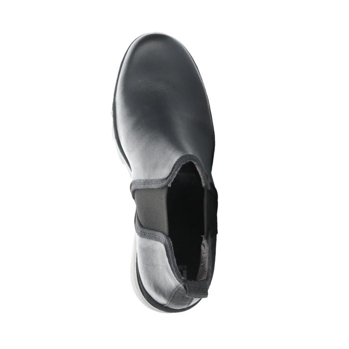 Top view of Women's FLY London Byne Wedge Boot showing sleek black leather upper and elastic side panels for easy slip-on comfort.