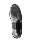 Top view of Women's FLY London Byne Wedge Boot showing sleek black leather upper and elastic side panels for easy slip-on comfort.