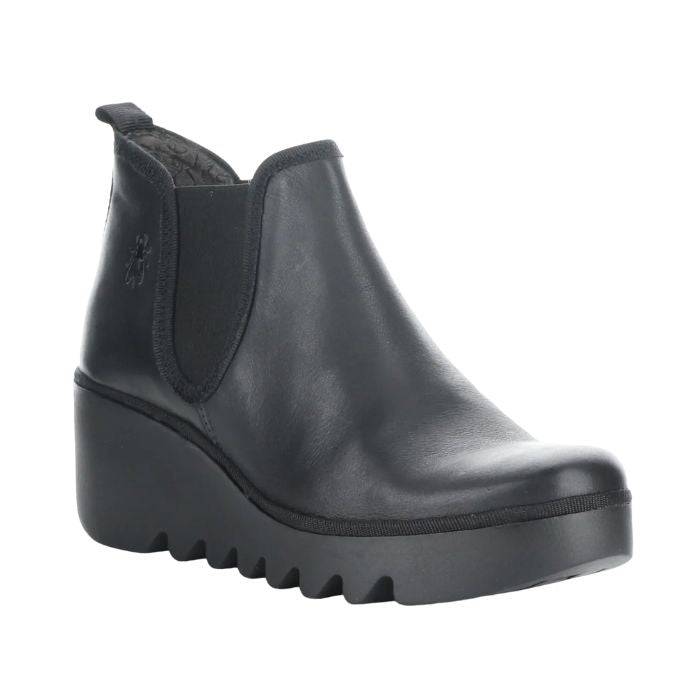 Women's FLY London Byne Wedge Boot in smooth black leather featuring Chelsea boot design and flexible wedge outsole for everyday wear.