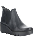 Women's FLY London Byne Wedge Boot in smooth black leather featuring Chelsea boot design and flexible wedge outsole for everyday wear.