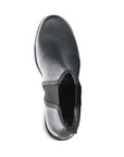 Top view of black leather Chelsea boot by Fly London.