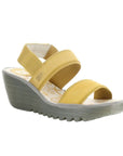 Women's FLY London Yaco Crossover Wedge Sandal in yellow suede with elastic backstrap and platform wedge heel for all-day wear.