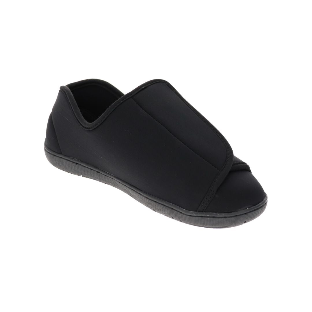 Nurse 2 Slipper in Black Neoprene. A closed-back slipper with a black neoprene upper and a Velcro closure. Outsole is black.