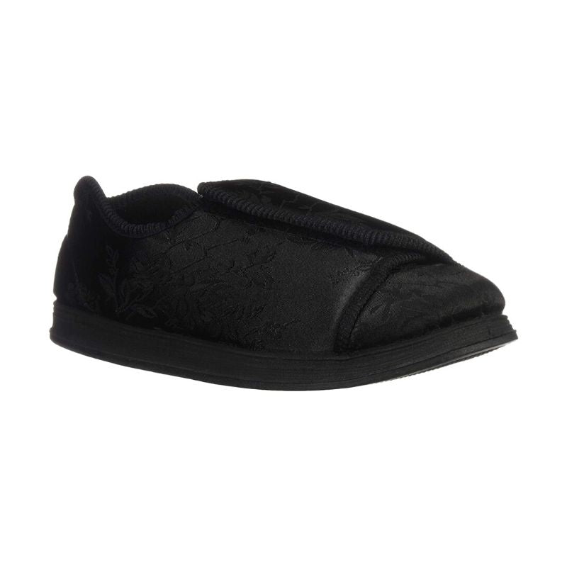 Nurse 2 Slipper in Black. A closed-back slipper with a black textile upper, featuring a subtle embossed floral pattern. Slipper has a Velcro closure across the front and a black outsole.