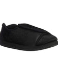 Nurse 2 Slipper in Black. A closed-back slipper with a black textile upper, featuring a subtle embossed floral pattern. Slipper has a Velcro closure across the front and a black outsole.