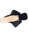 Top view of the Nurse 2 Slipper in Black fully opened up, showing the tan leather insole and the wide depth of the shoe.