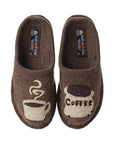 Women's Haflinger Coffee wool slippers in brown with embroidered coffee cup and pot, cozy and machine washable indoor footwear.