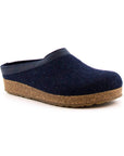 Grizzly Wool Clog in Captains Blue. Navy blue wool upper with a cork midsole and brown rubber outsole. Navy leather band around the heel.
