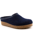 Grizzly Wool Clog in Captains Blue. Navy blue wool upper with a cork midsole and brown rubber outsole. Navy leather band around the heel.