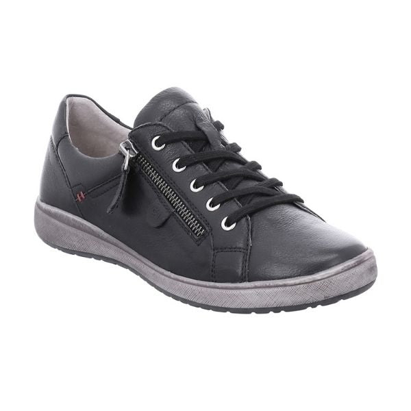 Caren 12 Sneaker in black. A black leather sneaker with black laces, a side zipper, and pewter hardware. Midsole is grey, outsole is black.