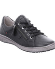 Caren 12 Sneaker in black. A black leather sneaker with black laces, a side zipper, and pewter hardware. Midsole is grey, outsole is black.