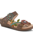 Women's L'Artiste Aymee Sandal in brown with hand-painted leather, floral embellishments, and contrast stitching on a low wedge sole.