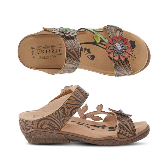 Top and side view of brown multi-coloured slide sandal with floral details. Sandal has brown crepe rubber outsole with small wedge.