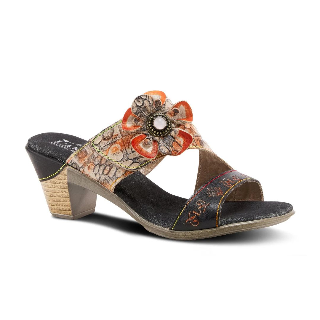 Black, beige and orange slide sandal with floral detail and stacked leather heel.