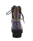 Rear view of Women's L'Artiste Severe ankle boot highlighting hand-painted leather, gold studs, and mid-calf height design.