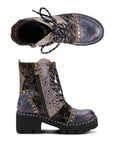 Side and top view of Women's L'Artiste Severe ankle boot showing floral embossed leather, lace-up front, and inner zipper for easy wear.