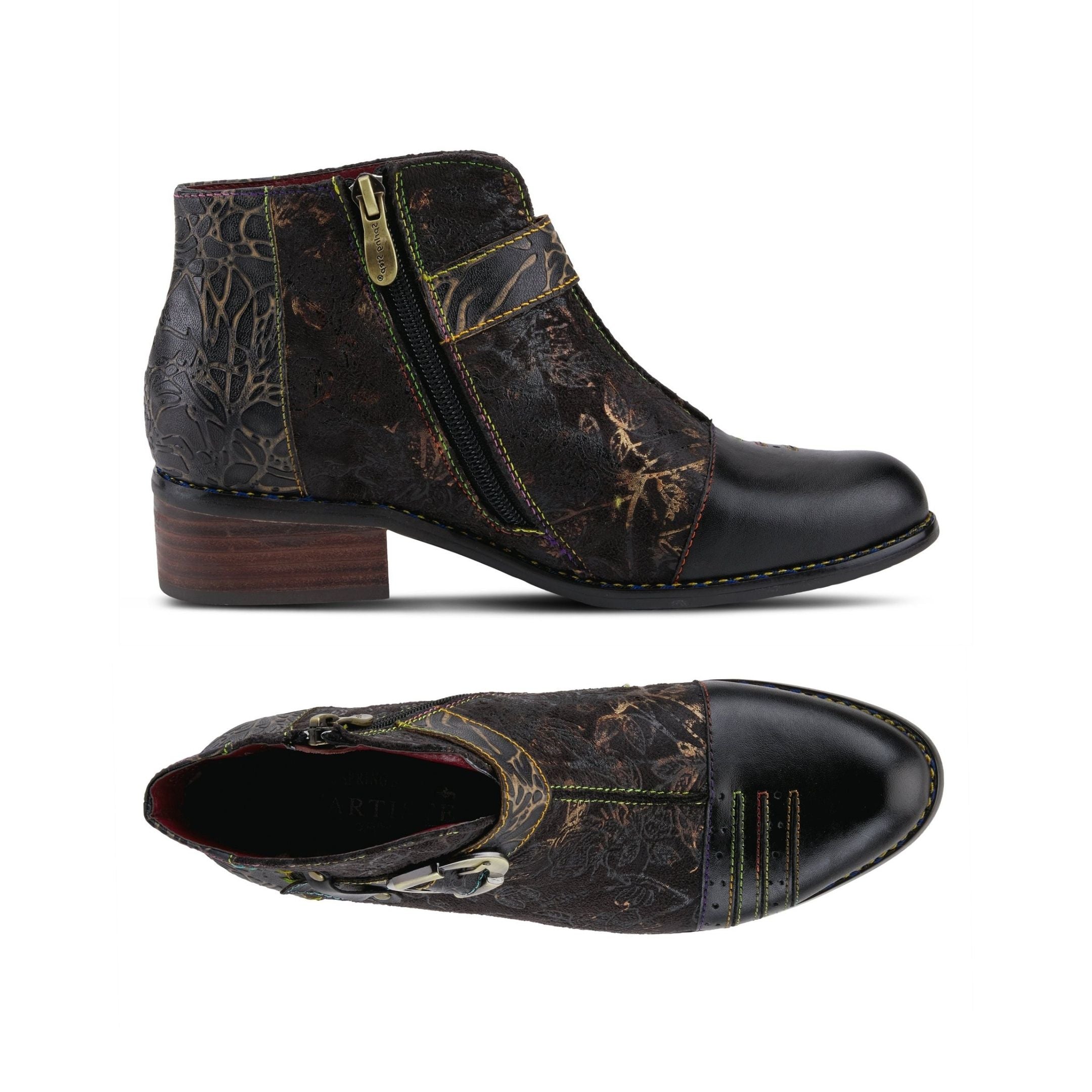 Black ankle boot with floral embossment and buckle detail