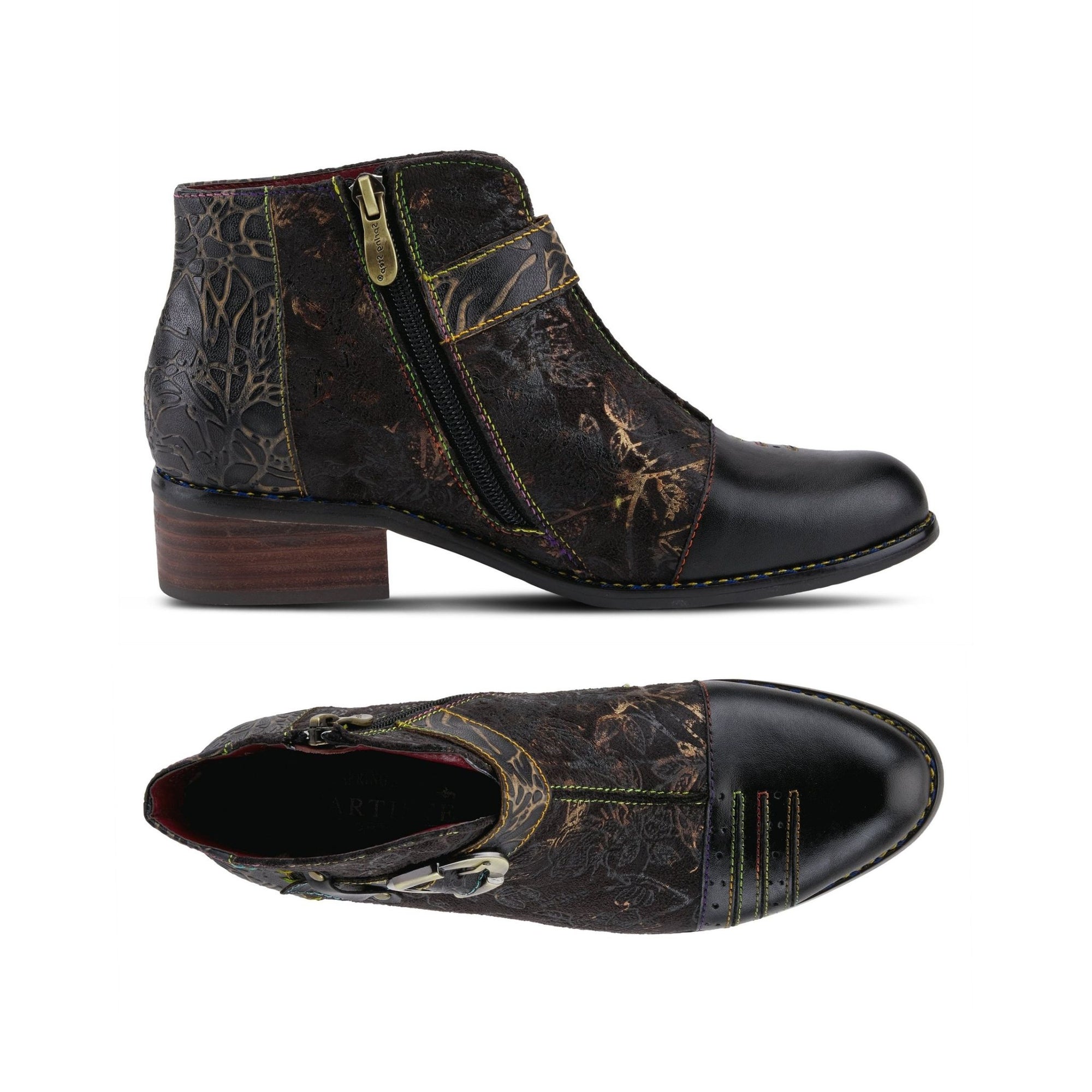 Top and side view of Georgiana ankle boot. Features a side zipper with brass hardware. Boot has a red lining and a pointed toe.
