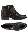 Top and side view of Georgiana ankle boot. Features a side zipper with brass hardware. Boot has a red lining and a pointed toe.