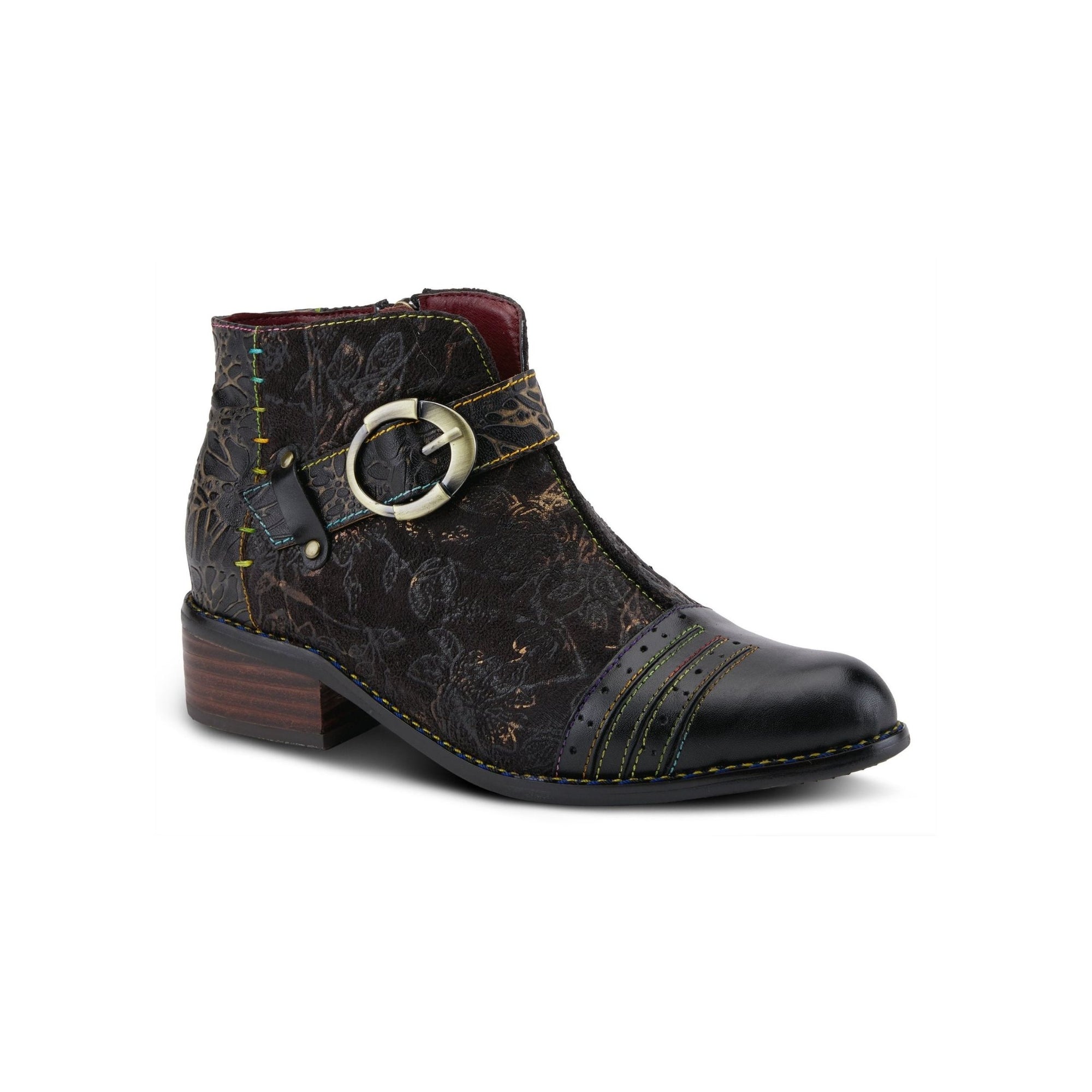 Black textured leather ankle boot with a 1 inch block heel and large decorative buckle around the ankle.