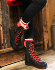 Black leather mid-height laced boot with red leather accents.