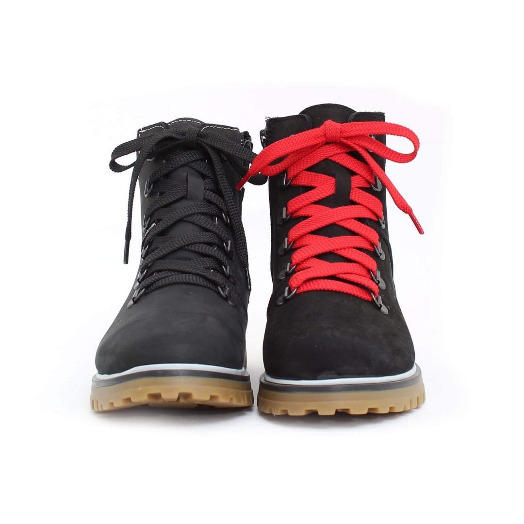 Front view of black leather boot with brown outsole, left with black laces and right with red laces.