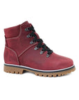 Ankle burgundy winter boot with brown outsole. Highlight shows collapsible cleats on outsole.